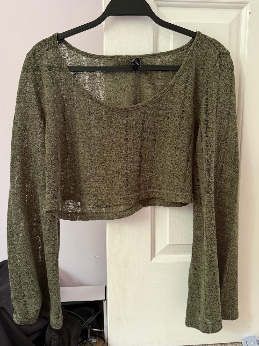 Cider Olive Green Sheer Cropped Knit Top